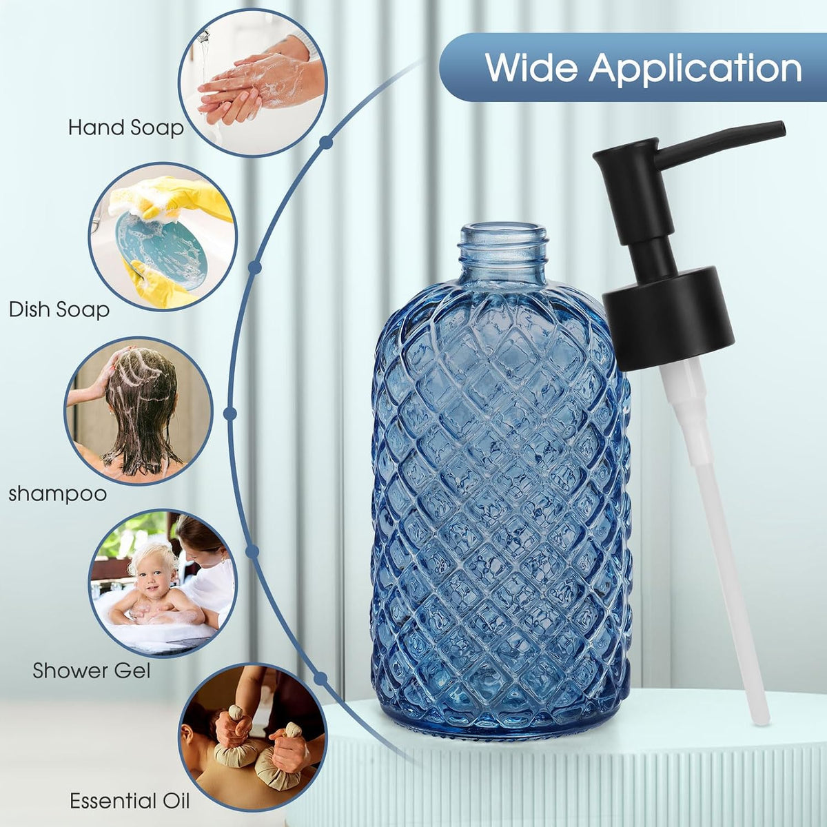 2 Pack Gem Glass Soap Dispenser with Black Plastic Pump, 13oz Liquid Hand Soap Dispenser, Rustproof Pump for Kitchen & Bathroom, Great for Lotions, Essential Oil, Liquid Soaps-Blue
