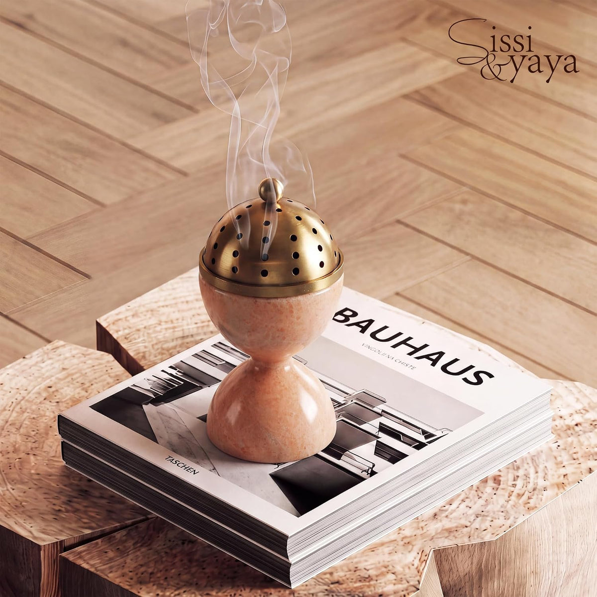 Natural Marble Incense Burner with Brass Accents 6.29 x 3.54 inches Multi-Purpose Holder for Cones/Sticks/Sage, Home Decor & Relaxation (Yellow)