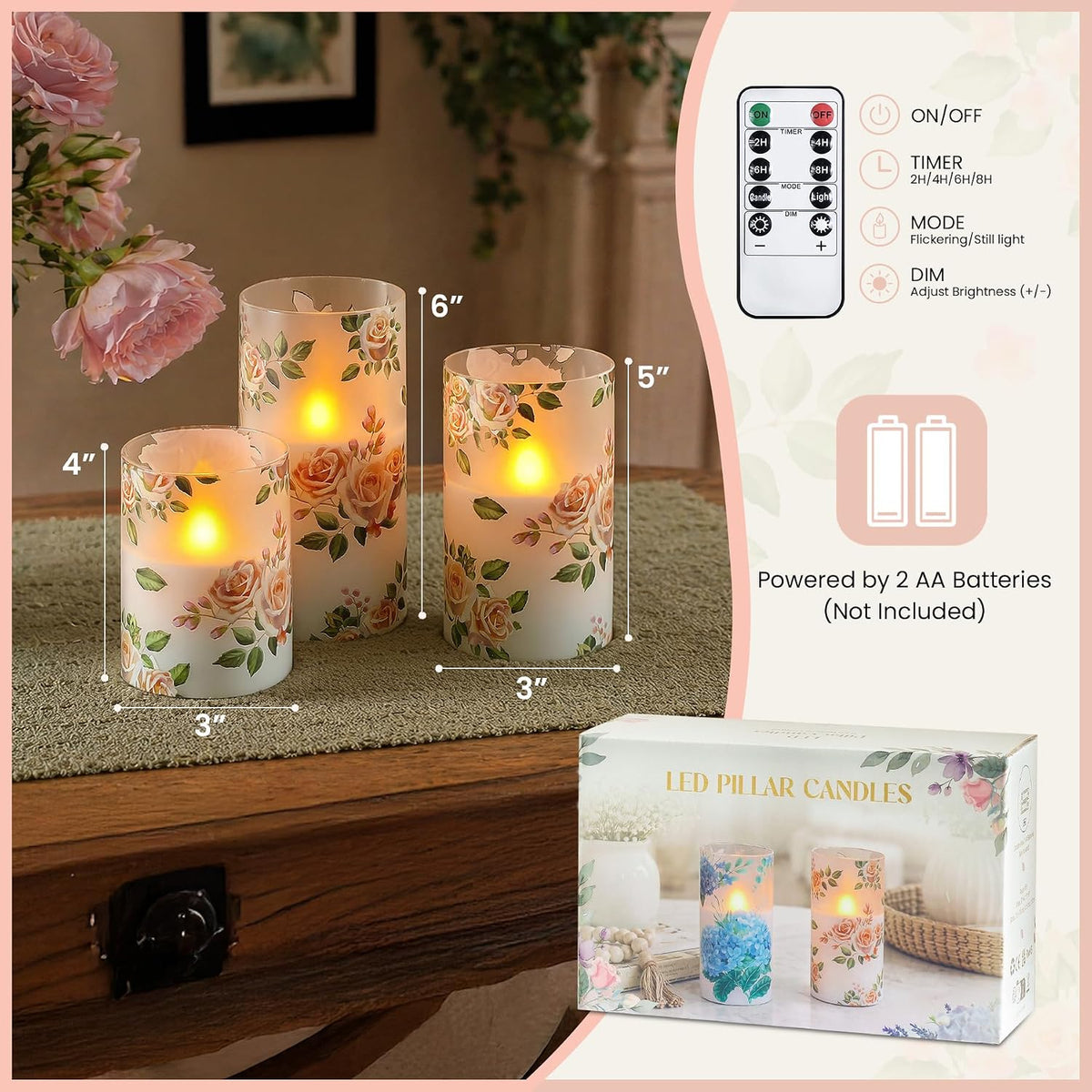 Pink Rose Flameless LED Pillar Candles with Remote, Pack of 3 Glass Shell Flickering Electric 3D Wick Warm Light Real Wax Battery Operated Fake Timer Lighting, 3" x 4" 5" 6" Home Decor
