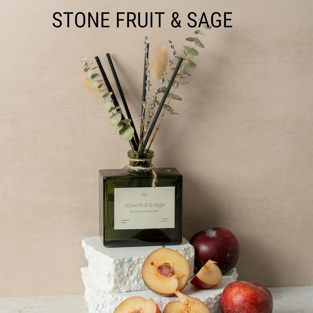 Craft & Kin Reed Diffuser with Dried Flowers | 5 oz Stone Fruit & Sage Scented Holiday Reed Diffusers for Home, Bathroom | Scent Sticks | Elegant Fragrance Home Decor for Men & Women
