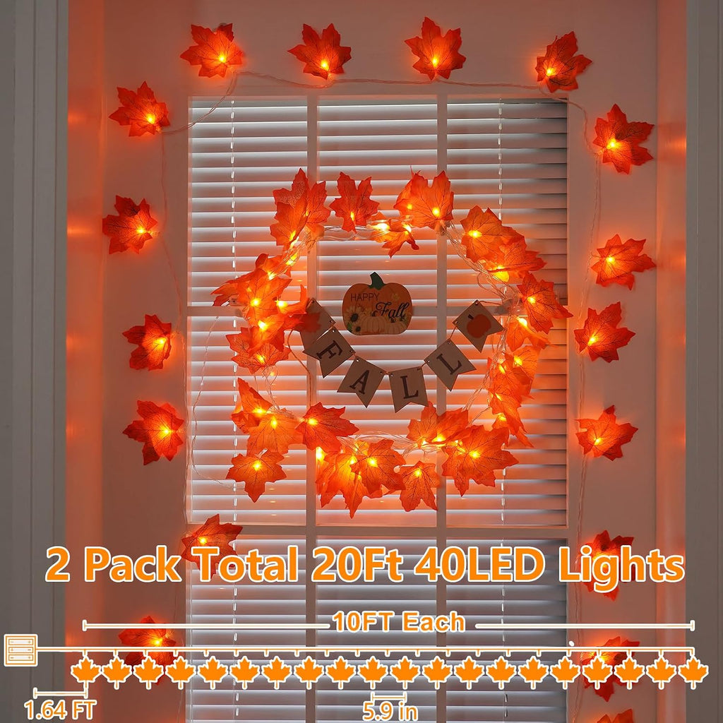 YEGUO 2 Packs Fall Lights Battery Operated for Thanksgiving Decorations, Total 20ft 40 LED Lighted Fall Garland Maple Leaves for Home Autumn Harvest Fall Halloween Holiday Party