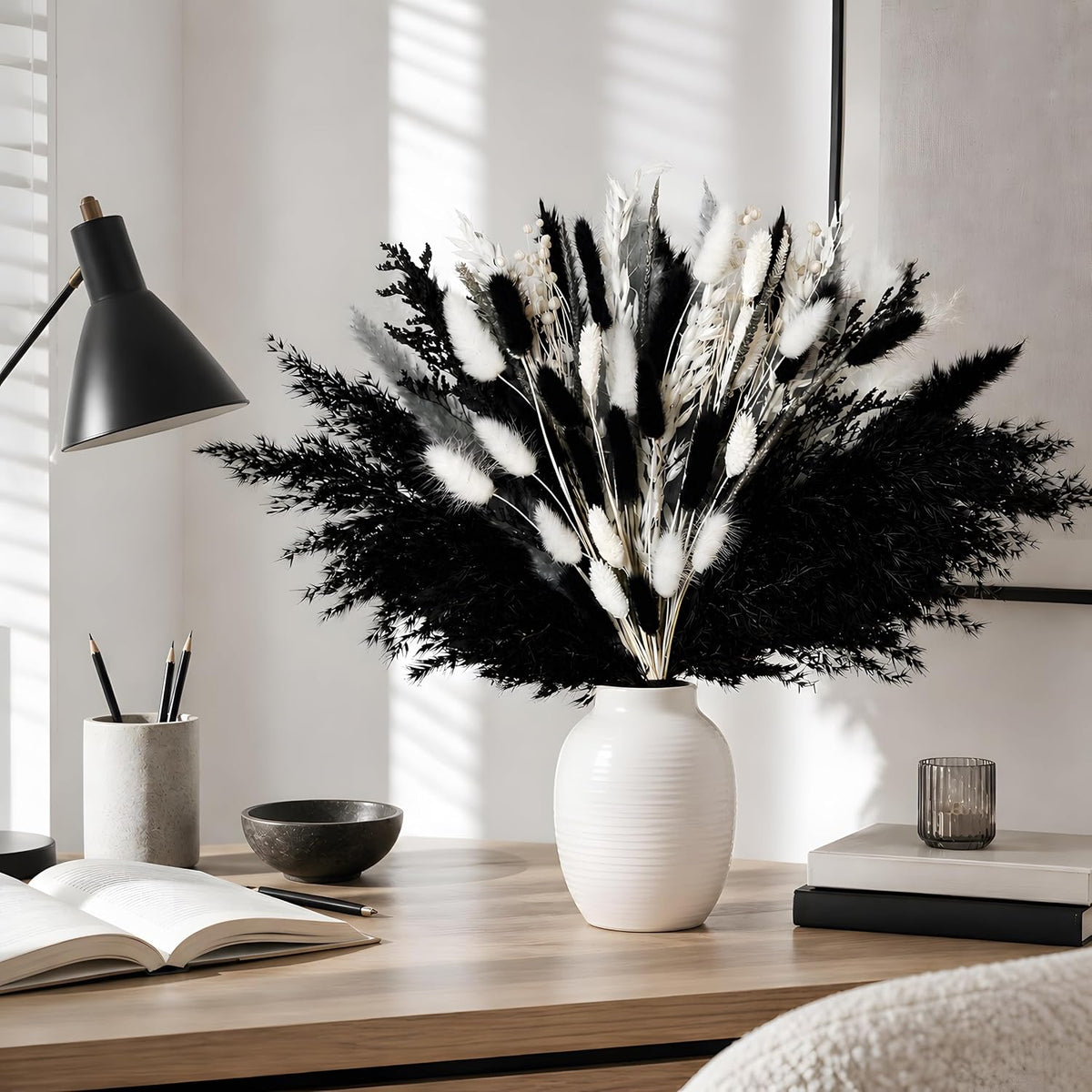Black Pampas Grass Bouquet, Dried Flowers for Halloween and Boho Home Decor