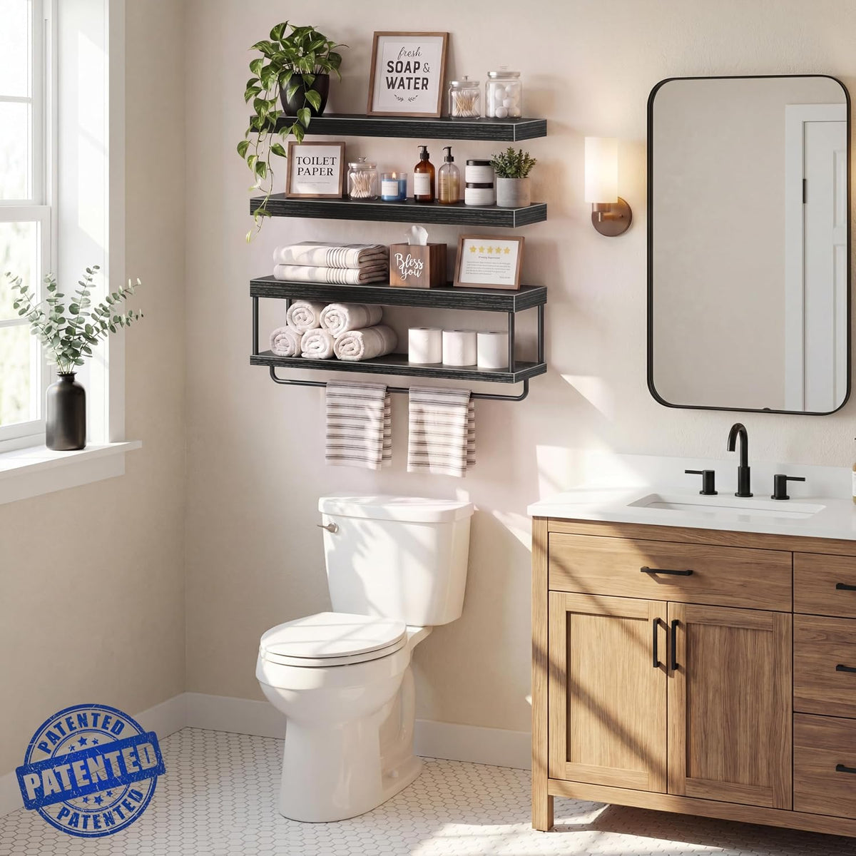 QEEIG Long Bathroom Floating Shelves Over Toilet (Black, Set of 3, 23.6")