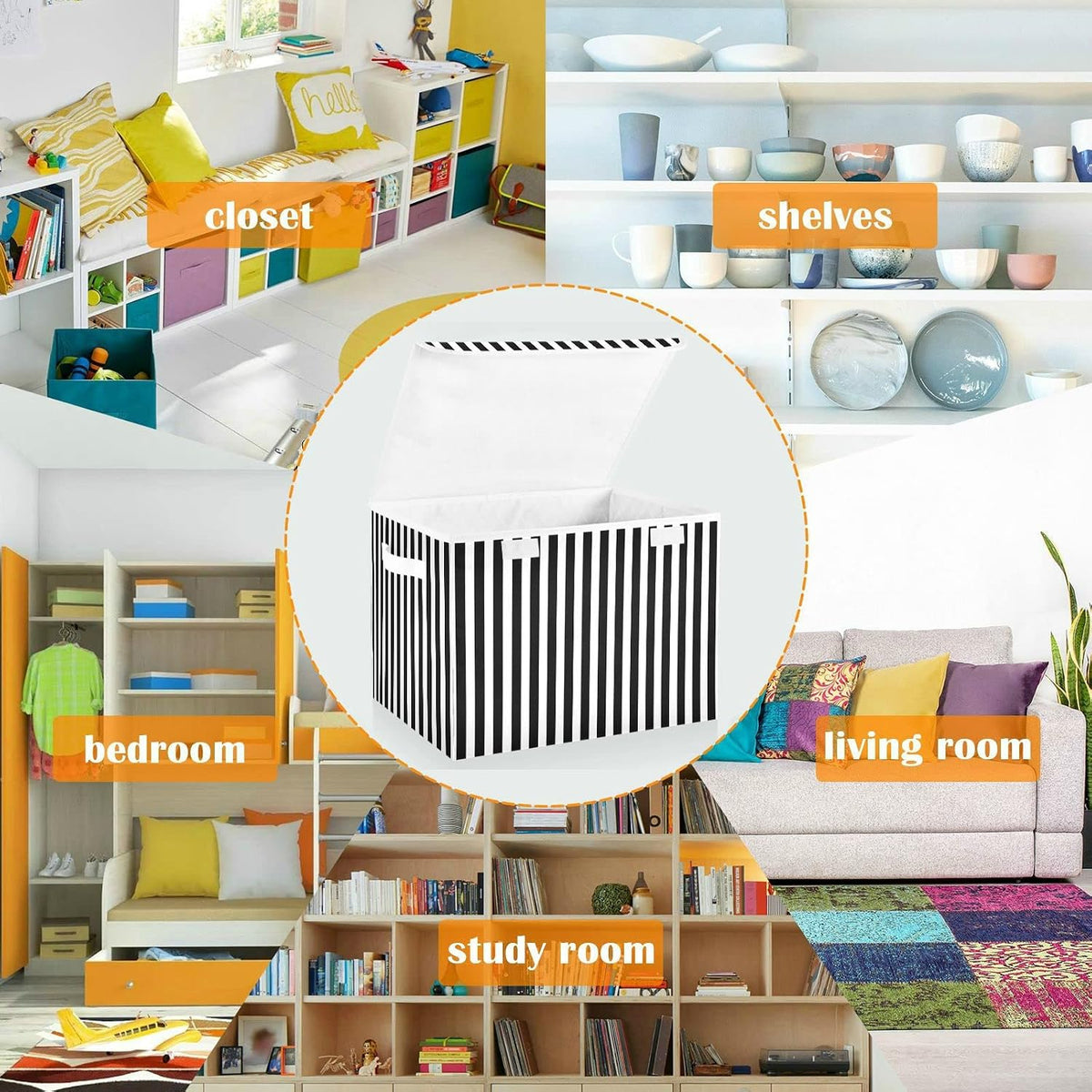 CaTaKu Black and White Striped Storage Bins with Lids Fabric Large Storage Container Cube Basket with Handle Decorative Storage Boxes for Organizing Clothes Shelves