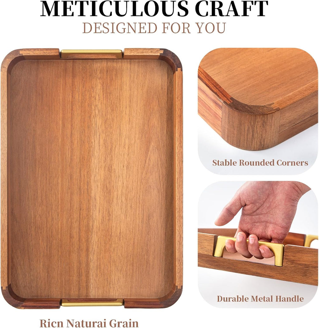 GinSent Wooden Serving Tray with Handles,Wooden Trays for Kitchen Counter Decorative Trays Wood Tray Coffee Table Tray for Living Room House Decor 16.7-INCH with 1.2cm Thickness Wood