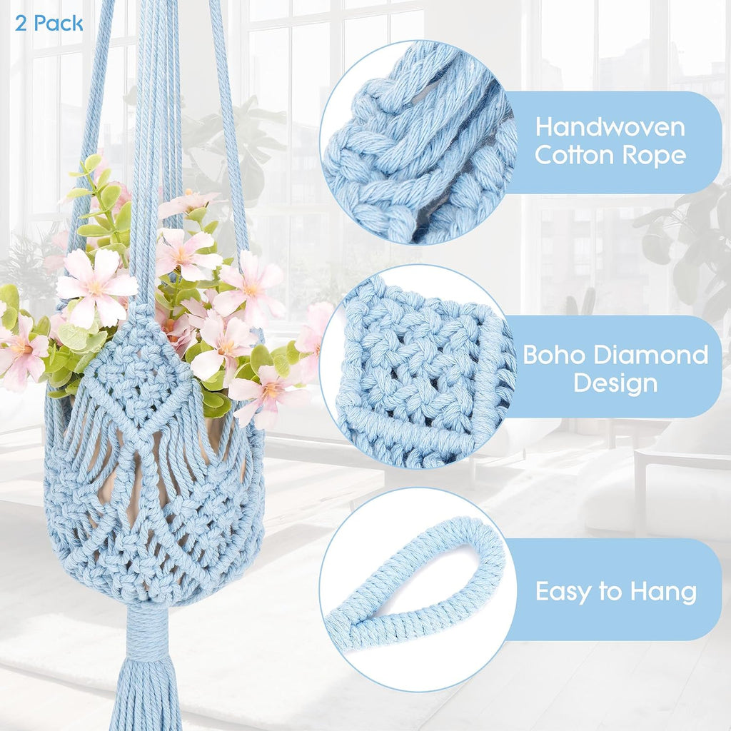 2 Pack Macrame Plant Hangers, 33-Inch Cotton Rope Hanging Planters with Diamond Design, Boho Home Decor for Indoor and Outdoor Use, Blue