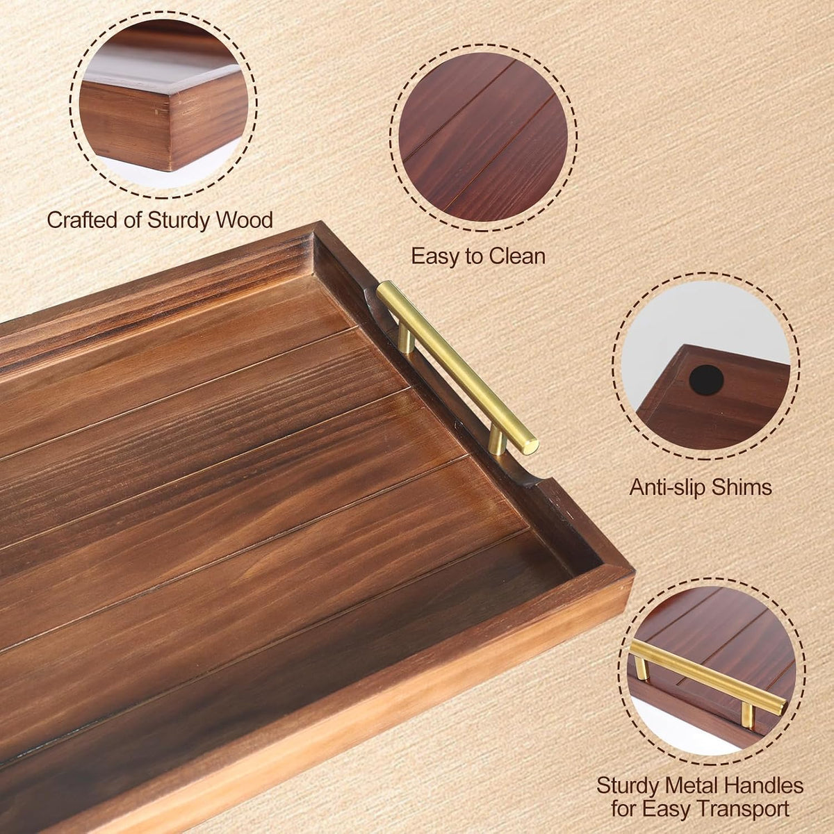 SXNOWS Large Wooden Serving Tray with 2 Sets of Handles,Dark Brown