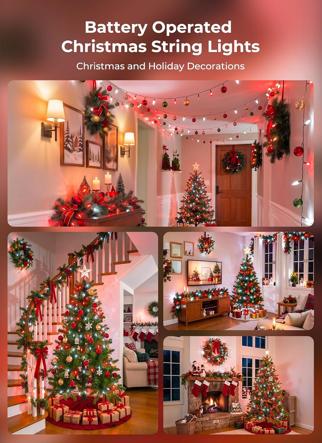 Brightown 2 Pack Battery Operated Christmas Lights 16.5FT Red & White