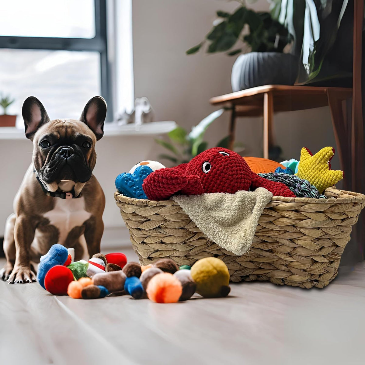 OtterPets Dog Toy Basket, Hyacinth Bone Shaped Dog Toy Bin, 17x13
