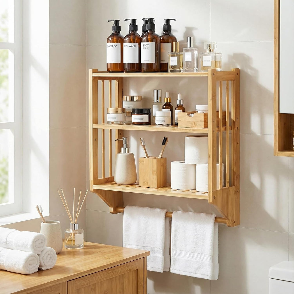 Goaste Bamboo Over The Toilet Storage Shelf, 3-Tier Wall Mounted Bamboo Rack Organizer, Floating Rack with Hanging Rod, Free Standing Shower Shelf with Adjustable Layer for Kitchen, Bathroom, Home