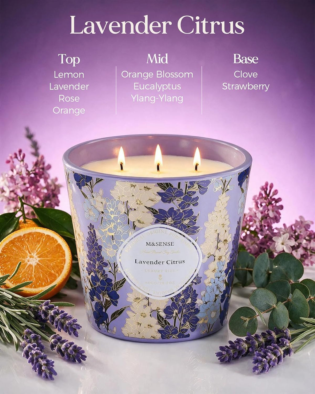 M&SENSE Lavender Citrus Scented Candle, Large 28.2oz Natural Soy Wax