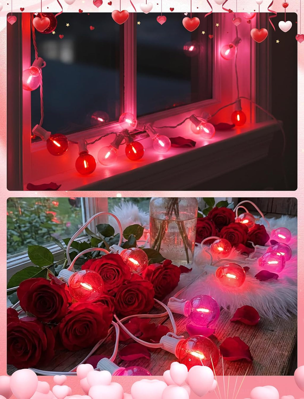 25 Pack G40 LED Red and Pink Replacement Light Bulbs, Shatterproof G40 LED Globe Lights Bulbs for Outdoor Patio String Lights Valentine's Day Party Christmas Decor, E12 C7 Candelabra Base, 2700K