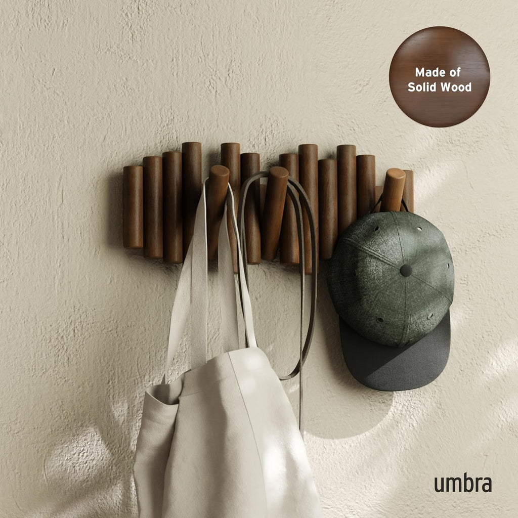 Umbra Picket Coat Rack, Wall Mount 5 Flip-Down Coat Hooks, Walnut