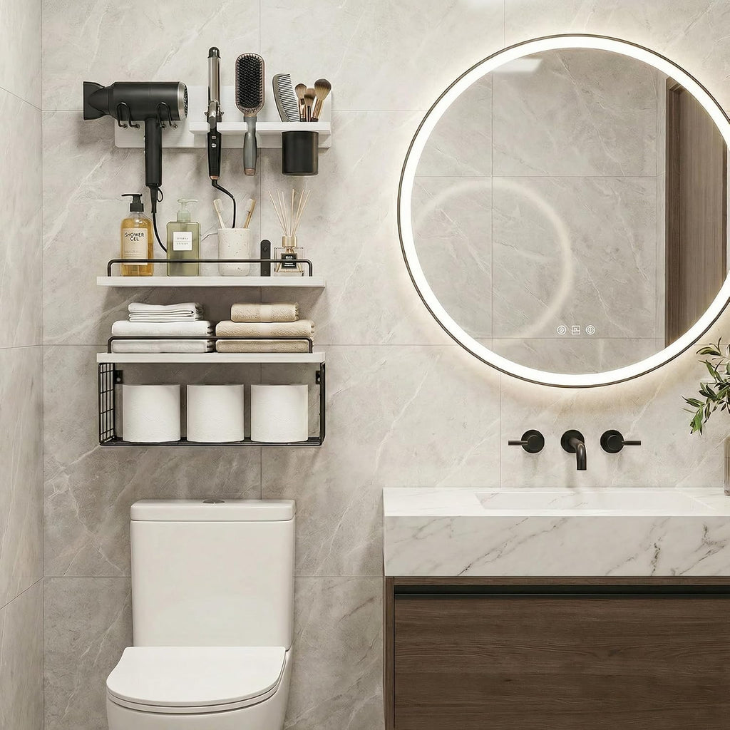 3-Tier Bathroom Floating Shelves with Hair Dryer Holder, White