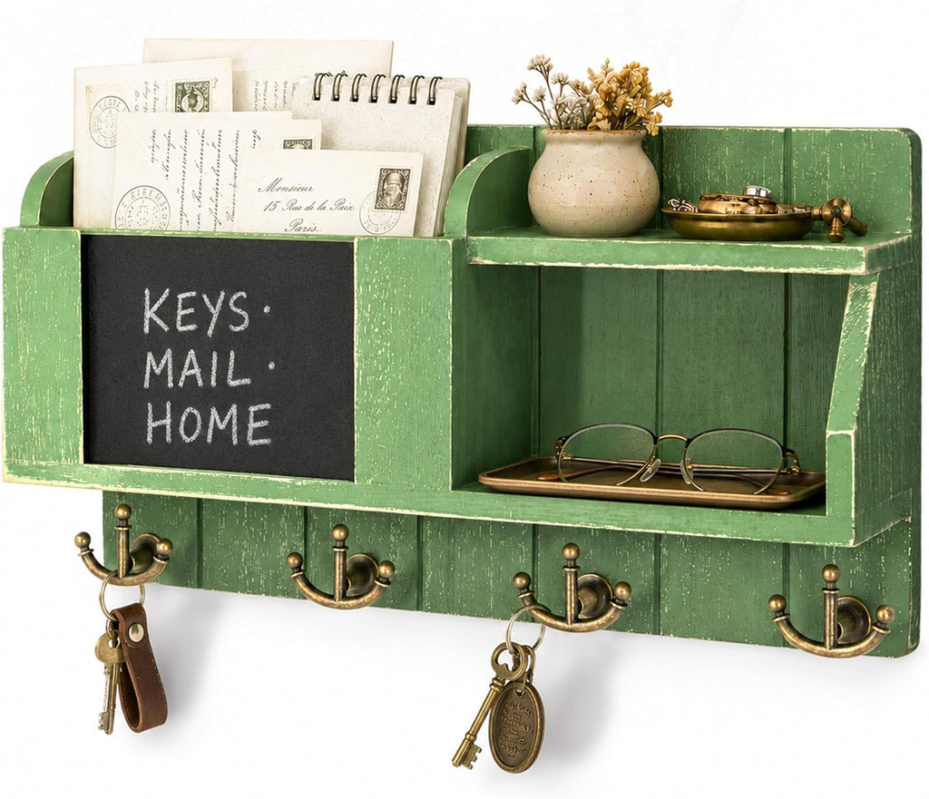 Key Holder Wall Mount with Chalkboard & 4 Key Hooks for Home Decor, Green