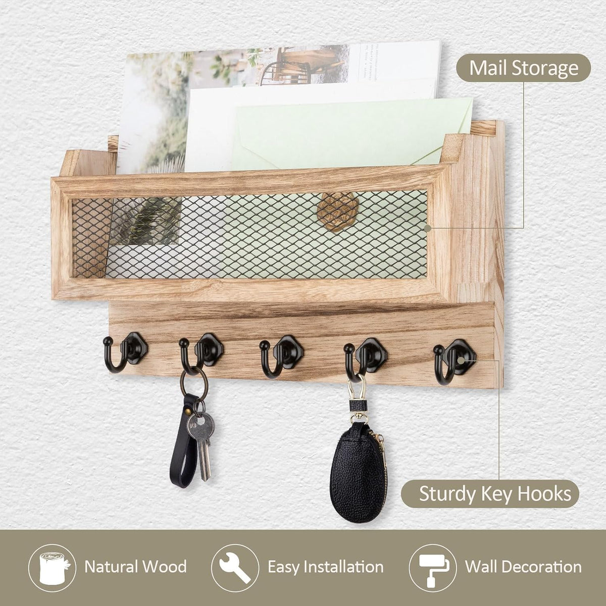 Nekon Mail and Key Holder for Wall Decorative, 11 Inch Mail Holder, Wood