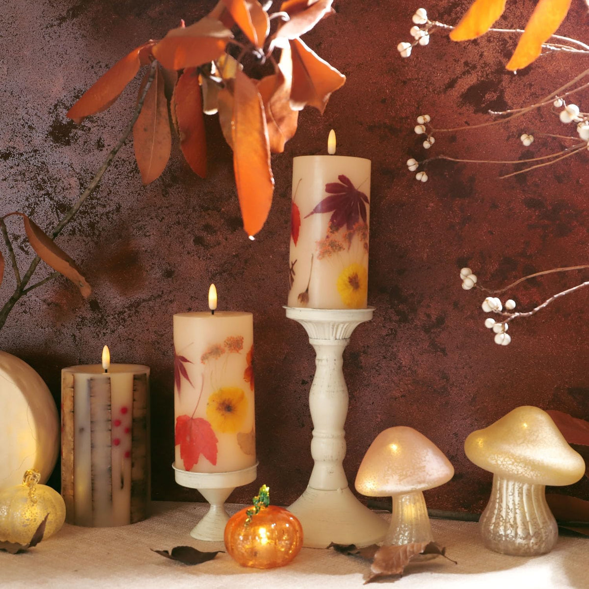 Fall Flameless Pillar Candles, Battery Operated with Remote & Timer, Real Wax Embedded Maple Leaf & Marigold, Straight Edge Unscented Led Candles for Halloween Thanksgiving Harvest Home Decor