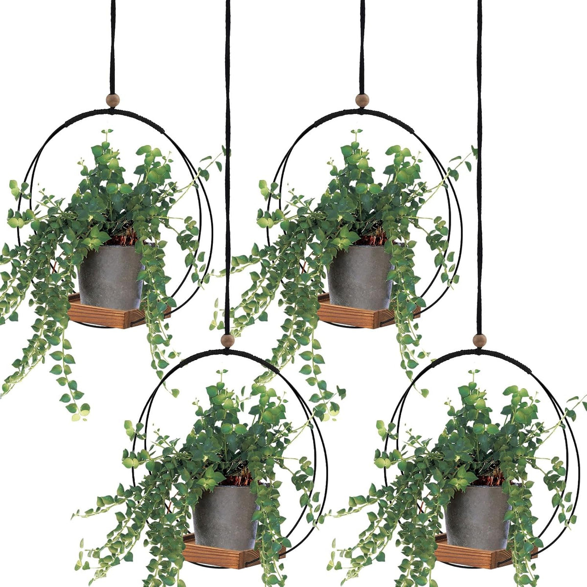 Geelin 4 Pcs Hanging Plant Holder with Wood Base Window Planter Boho, Brown