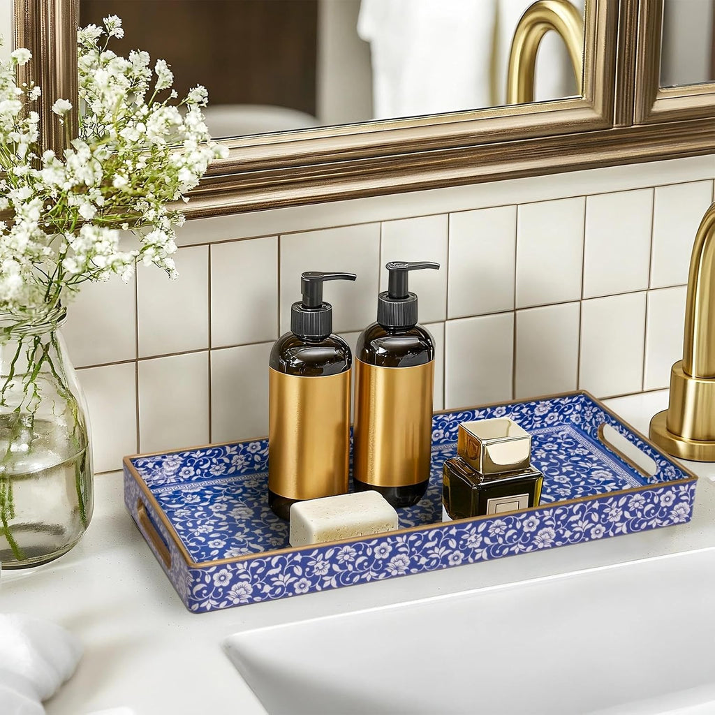 MAONAME Blue Bathroom Vanity Tray, Plastic Decorative Trays with Handles