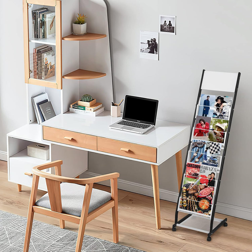 LIWSHWZ Brochure Display Stand | 5 Layers Foor Magazine Rack with 4 Universal Wheels,Metal Newspaper Catalog Holders for Shop, Exhibitions, Office, Trade Show