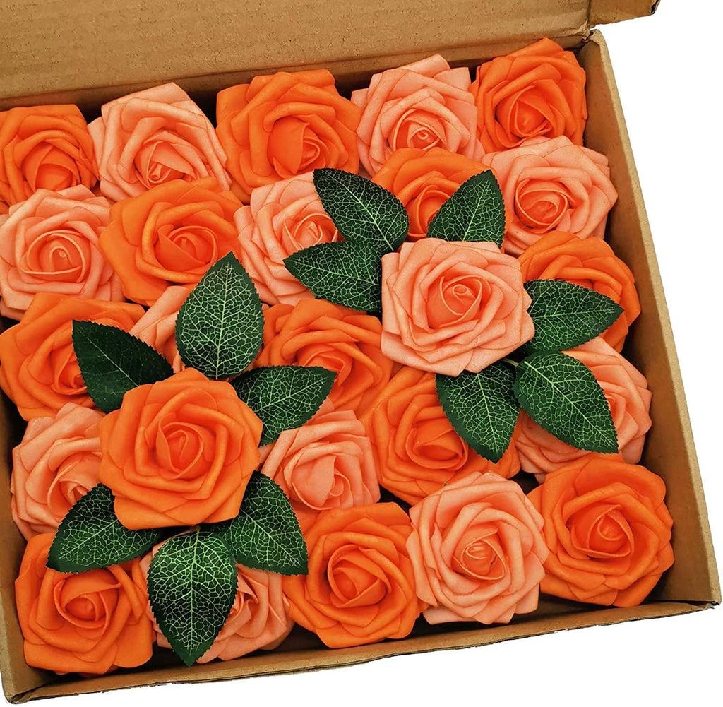 Artificial Flowers 50PCS Real Looking Mixed Vivid Orange Fake Roses with Stem for DIY Wedding Bouquets Centerpieces Baby Shower Party Home Decorations