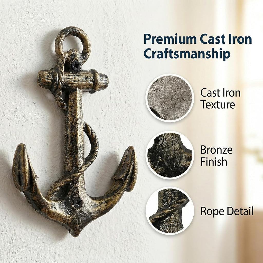 Nautical Anchor Hooks Antique Bronze Cast Iron Decorative Wall Hook, Treasures of The Caribbean Islands 1 Pack