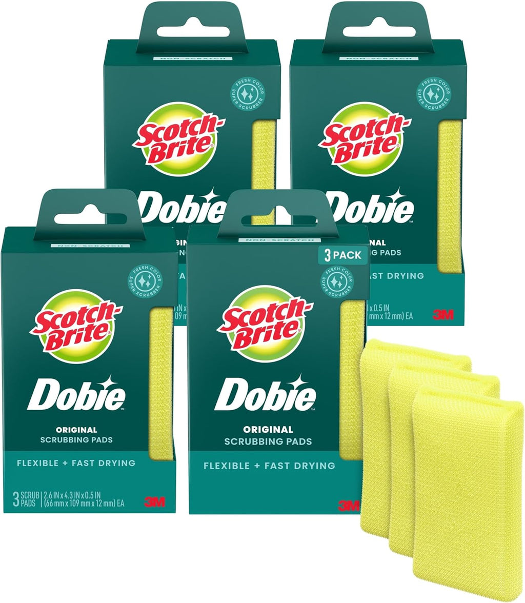 Scotch-Brite Dobie Non-Scratch All-Purpose Scrub Pads, 12 Total Pads (4 Packs of 3), Reusable Scouring Sponges for Kitchen & Bathroom, Safe on Non-Stick Cookware