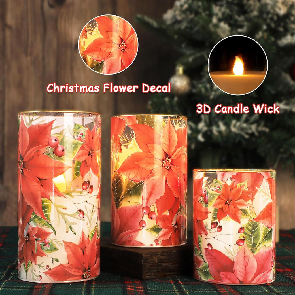 Crystal Club Red Poinsettia Christmas Flameless Candles with Remote