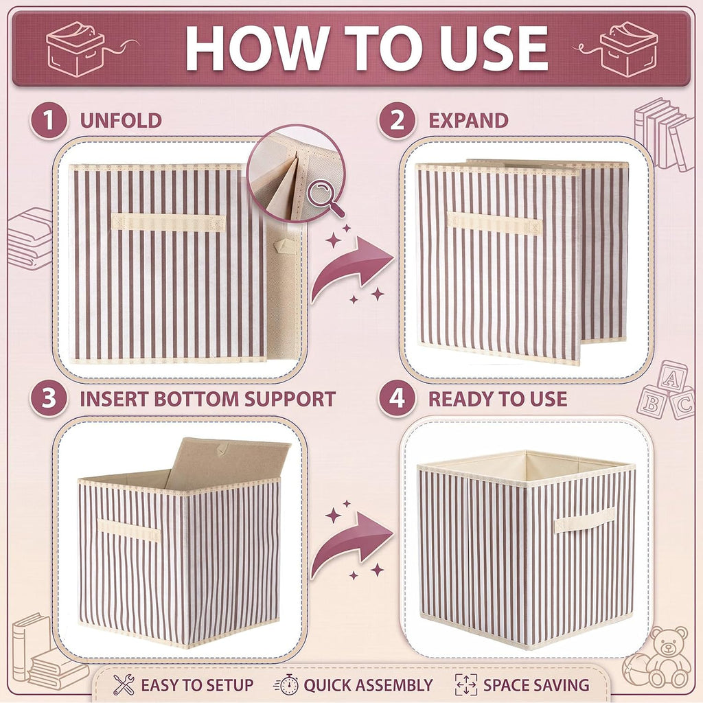 Amyhill 6 Pack Khaki Striped Basics Collapsible Fabric Storage Bins