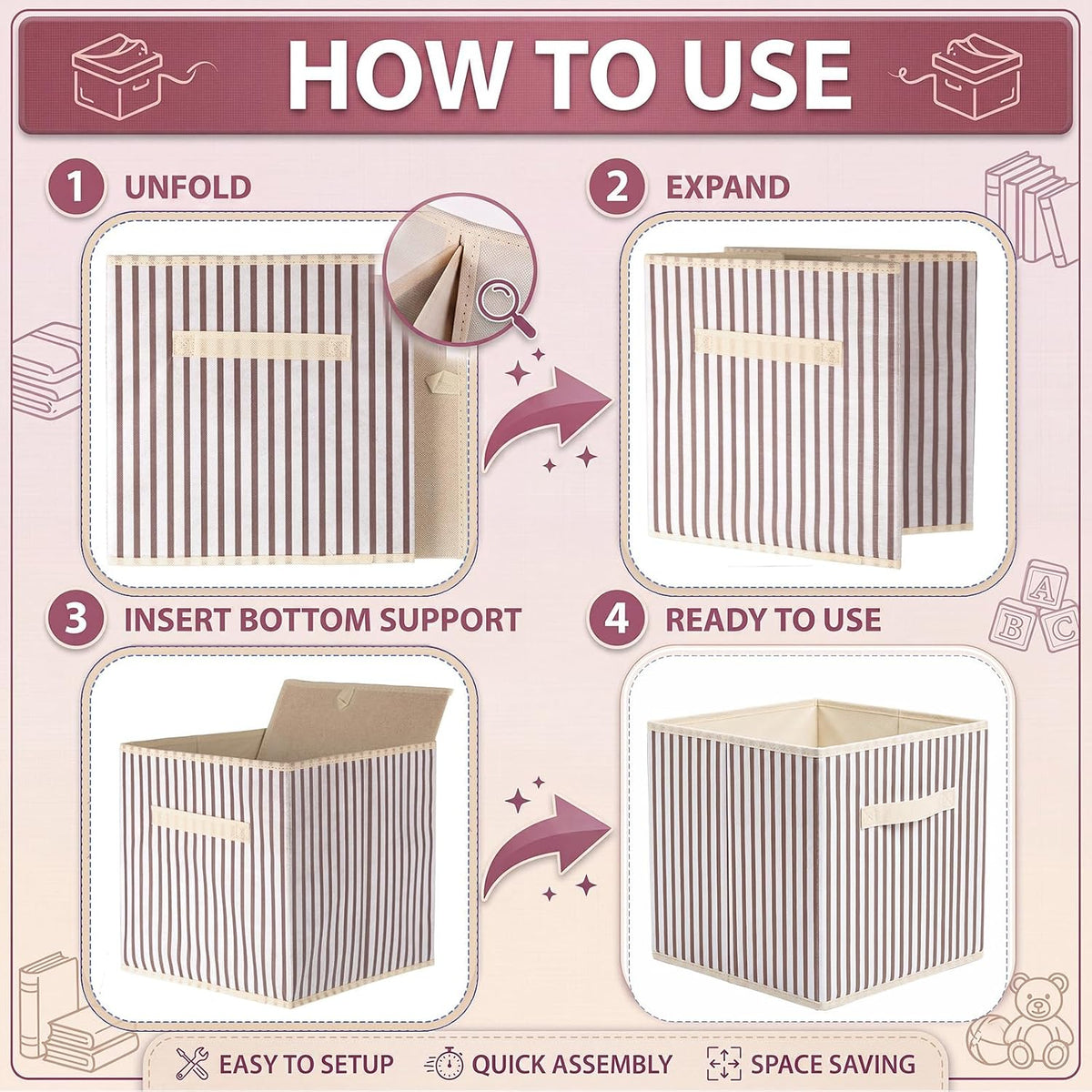 Amyhill 6 Pack Khaki Striped Basics Collapsible Fabric Storage Bins