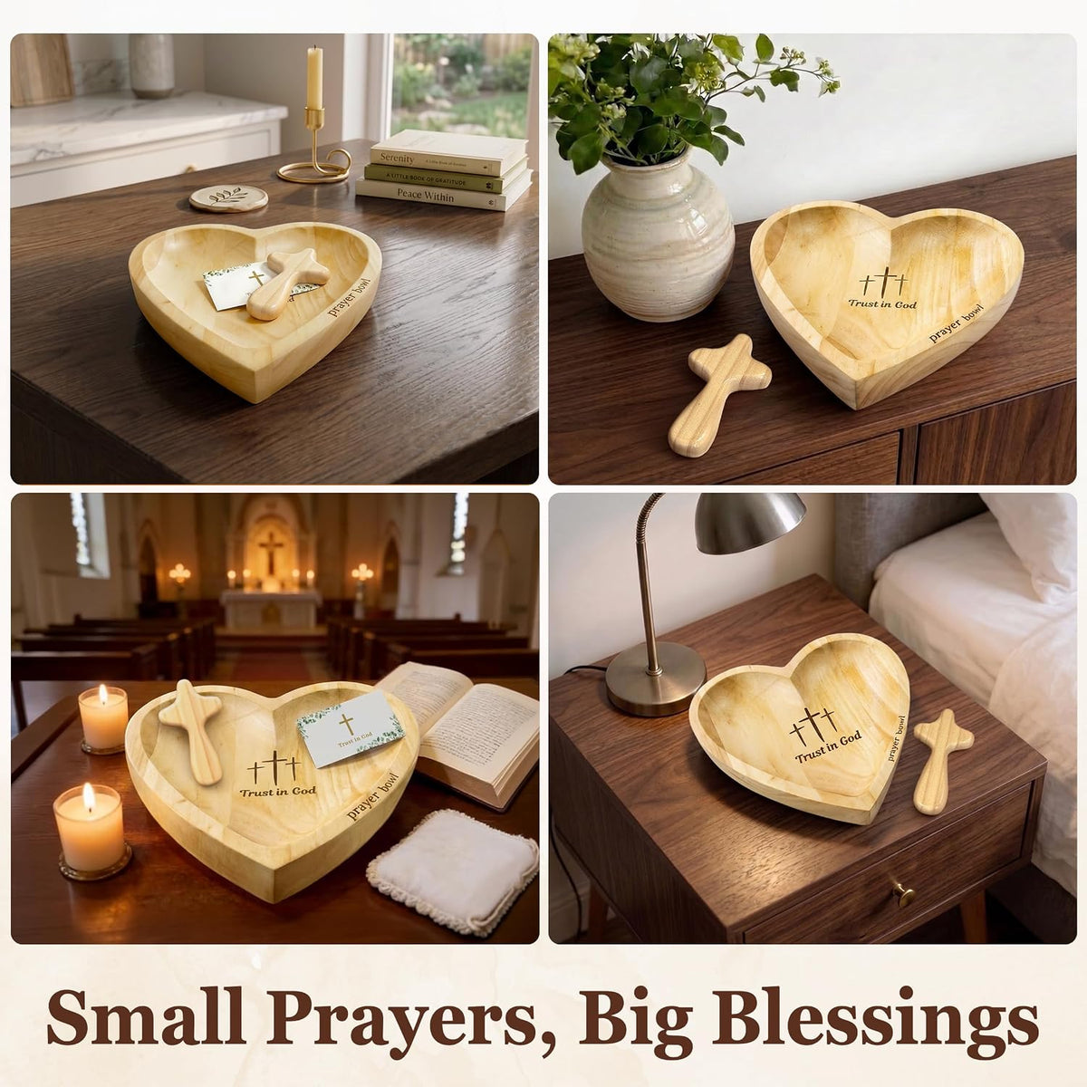 Prayer Bowls for Women Trust In God - Wooden Heart Prayer Bowl with 30 Cards & Wooden Fidget Cross - Birthday Gifts for Christian Women, Godmothers, Mom, Natural Heart Decorative Bowl with Storage Bag