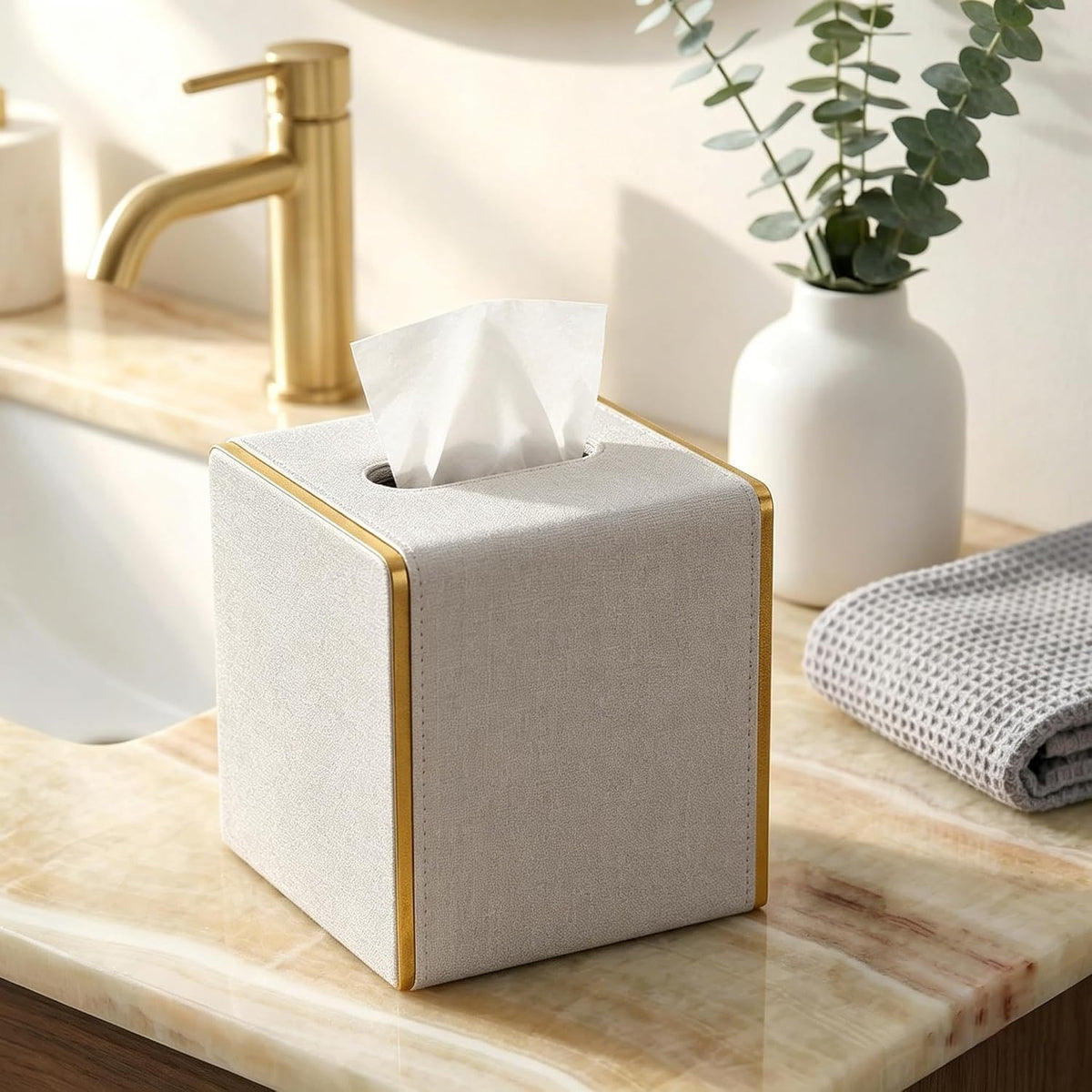 PU Leather Square Tissue Box Cover, Linen Tissue Box Holder with Magnetic Closure, Decorative Modern Cube Tissue Box for Bathroom Vanity Countertop Bedroom Office Desk (Beige)