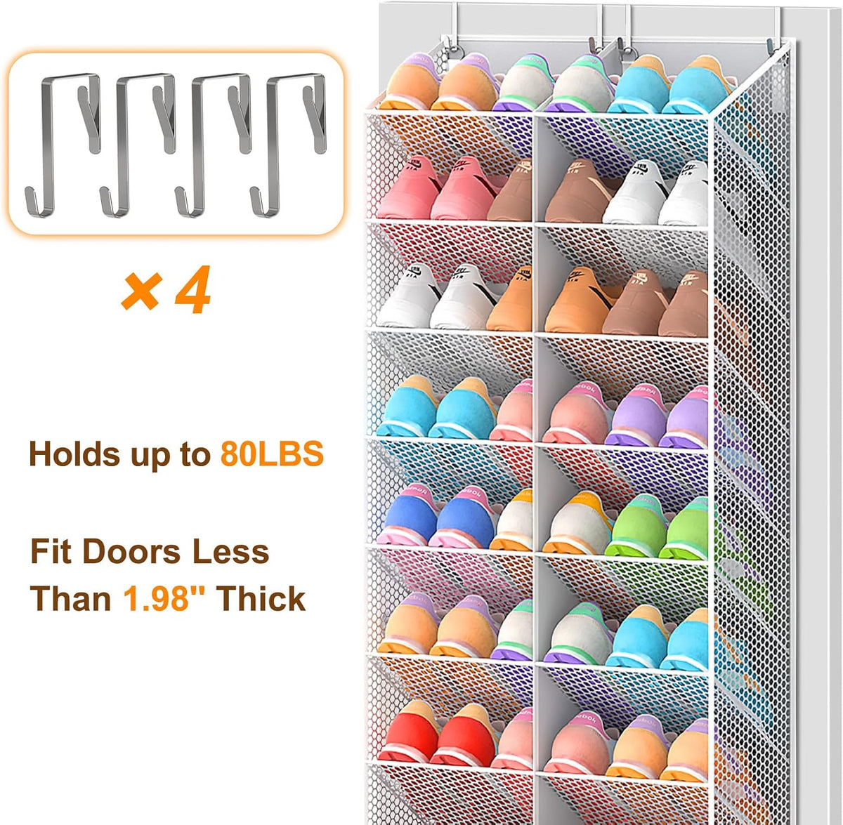 UVIAHOMI Over the Door Shoe Organizer for 30 Pairs, 10-Tier, Light Grey