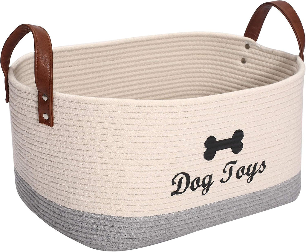 Large Dog Toy Basket, 100% Cotton Rope Dog Toy Storage Bin-Beige