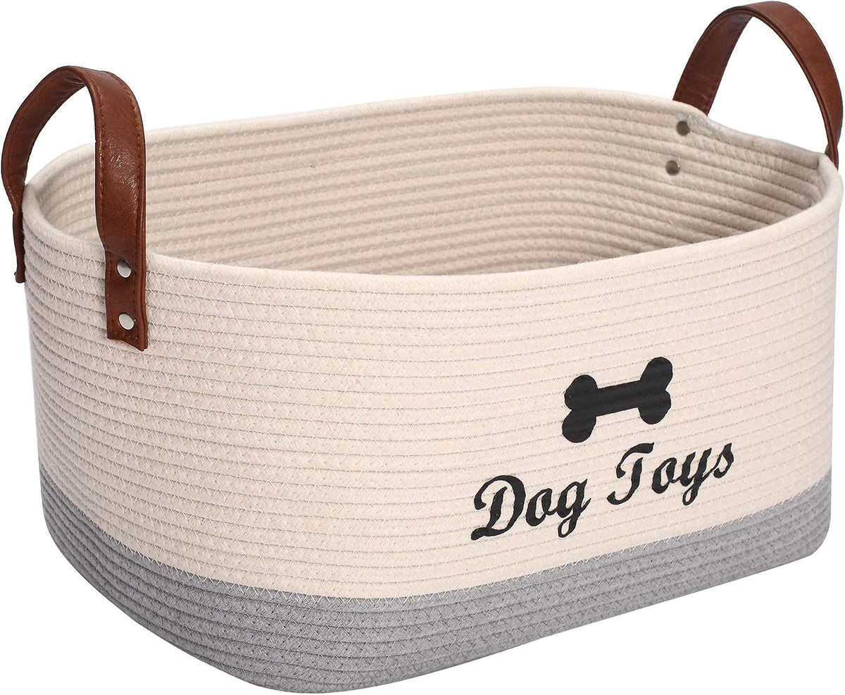 Large Dog Toy Basket, 100% Cotton Rope Dog Toy Storage Bin-Beige