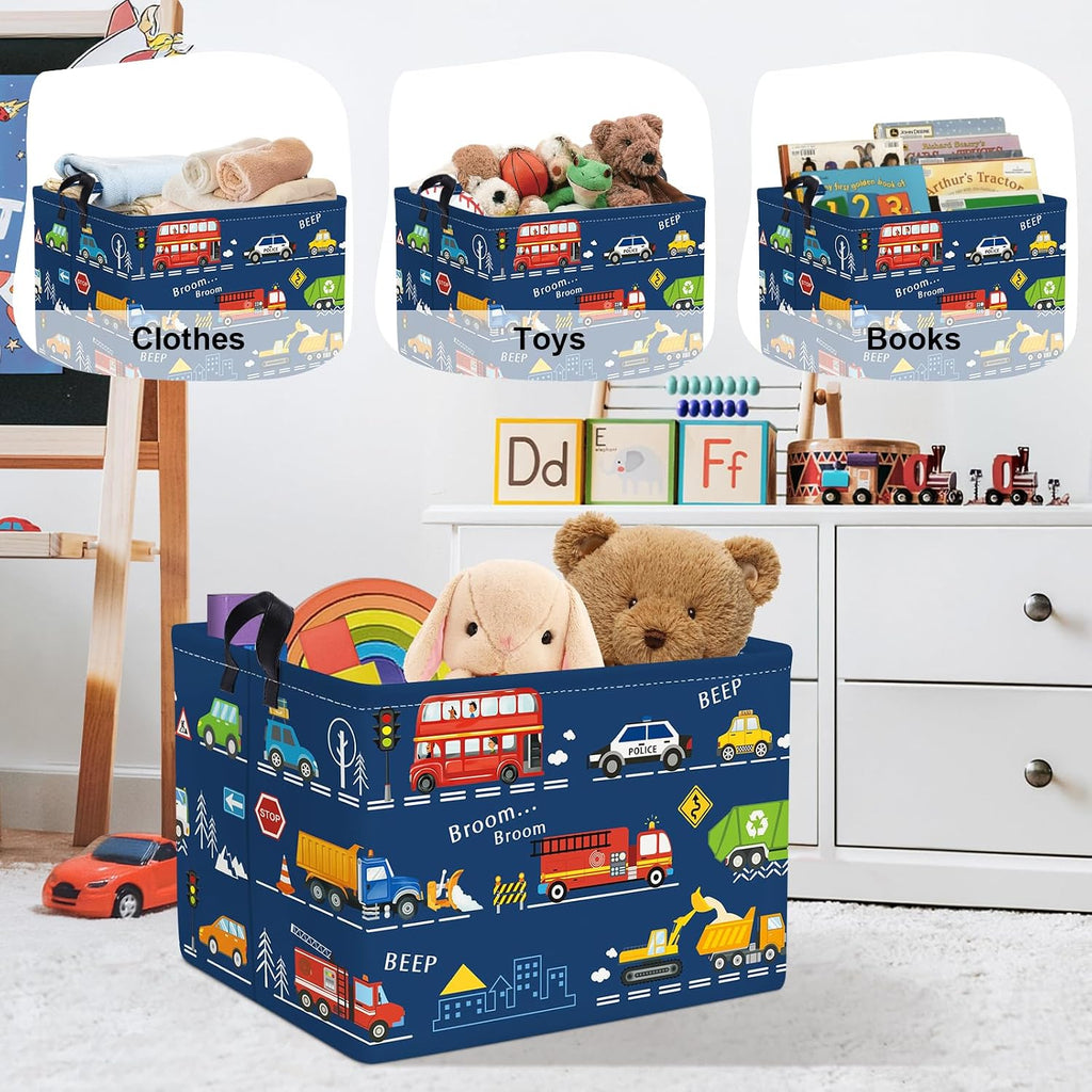 Cars Laundry Hamper Cartoon Vehicle Large Storage Basket Collapsible Parents Organizer Boy Toy Clothes Bins for Bedroom, Bathroom, City Bus, 36L