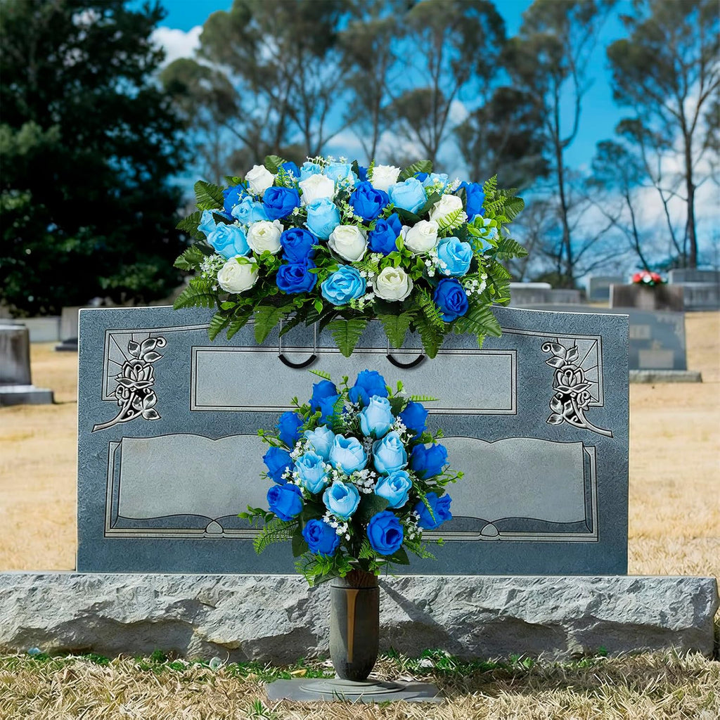 Artificial Cemetery Flowers Saddle Grave Memorial Rose Flowers with Vase for Cemetery Headstones Gravesites Decoration (White&Blue, 1 Saddle & 2Bouquets with Vase)