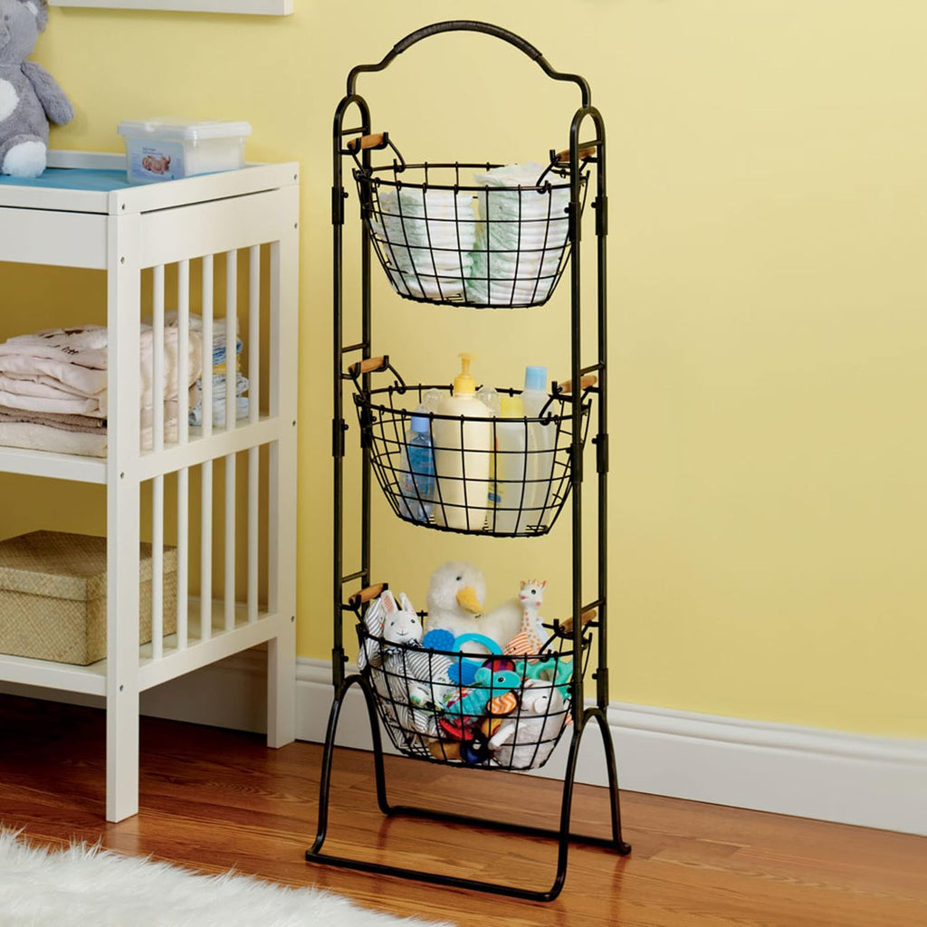 Gourmet Basics by Mikasa 5184916 Harbor Adjustable 3-Tier Metal Floor Standing Fruit/Home Storage Basket, Antique/Distressed Black and Copper