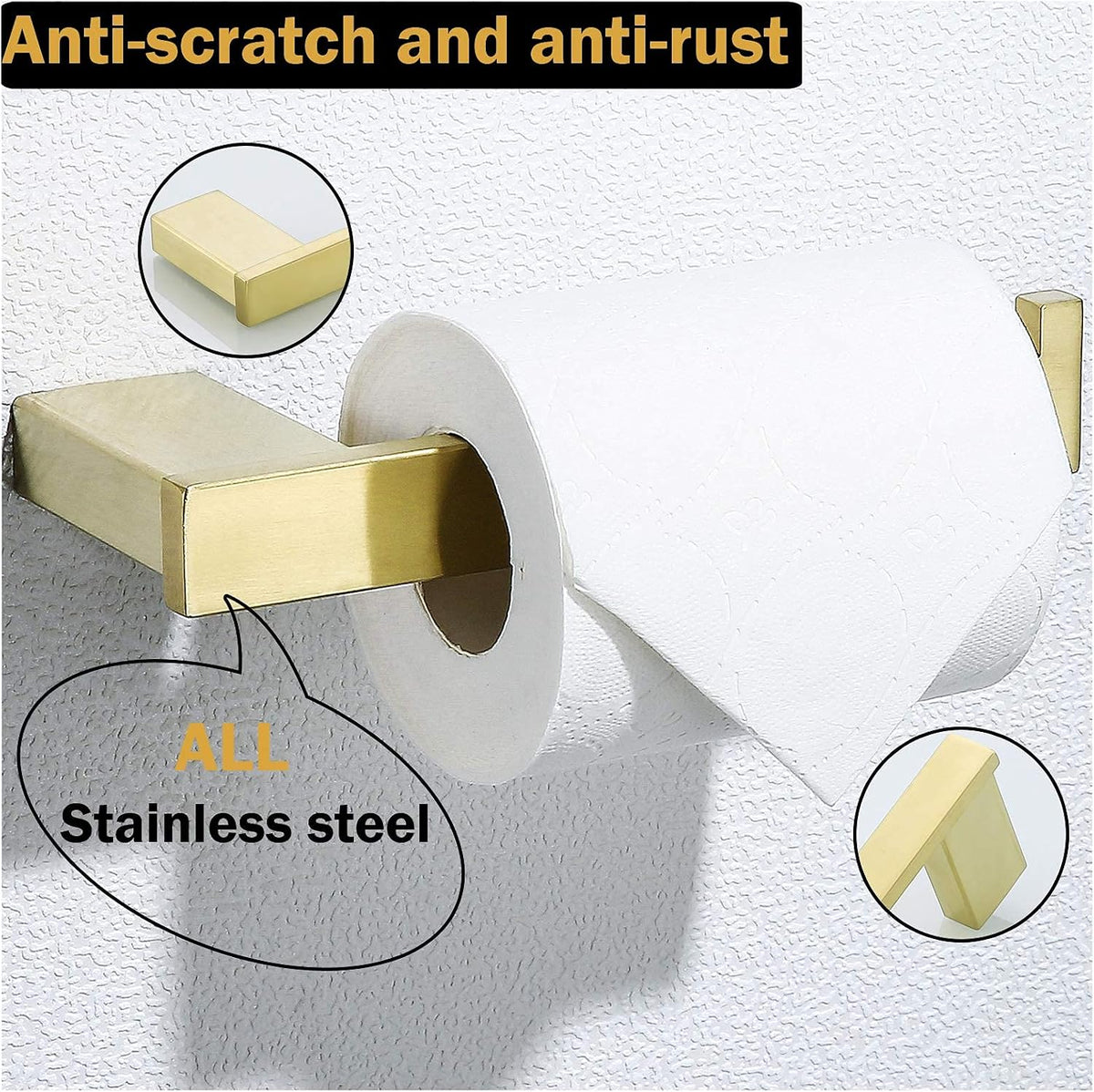 RANDOM Brushed Gold Toilet Paper Holder, Bathroom Hardware Accessories SUS 304 Stainless Steel Modern Tissue Paper Roll Holder Nordic Minimalism Contemporary Hotel Style Wall Mount.
