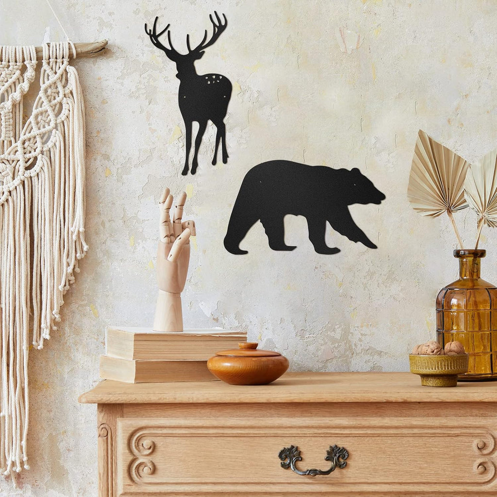 Moxweyeni 6 Pcs Metal Pine Tree Wall Art, Deer Bear Decor, Black