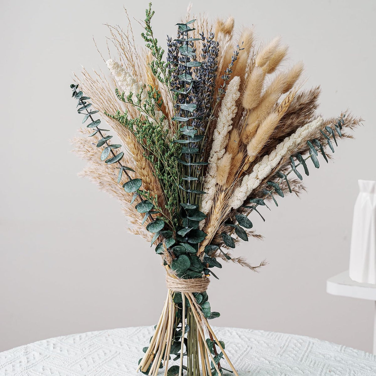 Boho Dried Flower Bouquet – Pampas Grass Bouquet with Lavender, Eucalyptus, Wheat & Bunny Tail – Rustic Dried Floral Arrangement for Olive Green Decor, Farmhouse Flowers, and Wedding Centerpieces