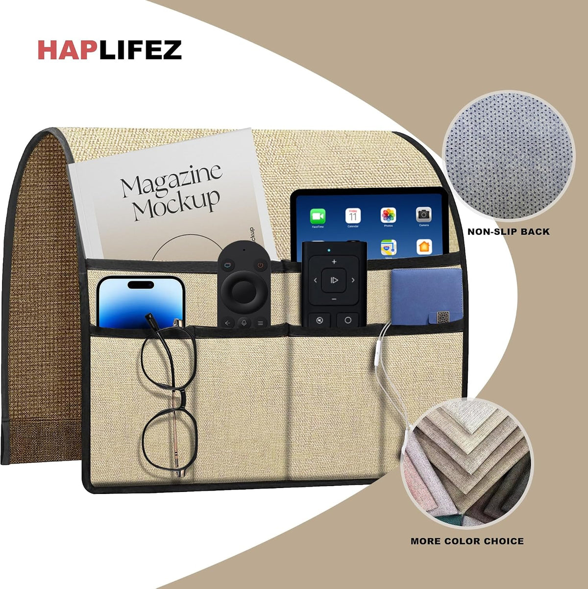 Remote Holder for Recliner Armchair & Couch, Non Slip Sofa Armrest Organizer Caddy with 6 Pockets Thick Linen Fabric Storage for Tablet, Phone, iPad, Magazine, 19x35 Inches, Natural