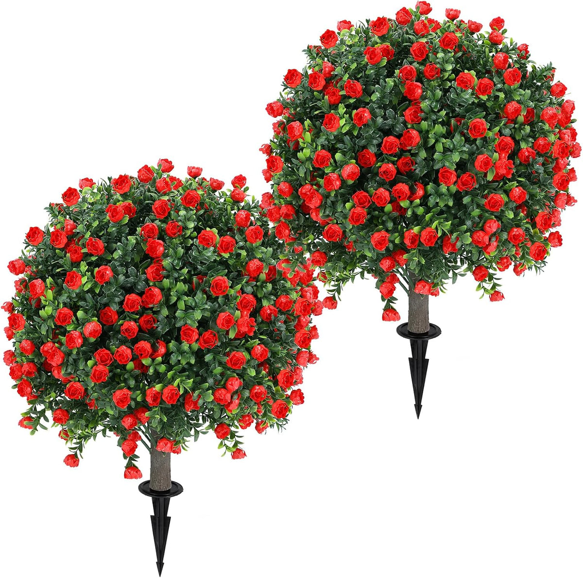 Set of 2 Artificial Red Rose Topiary Ball Tree,25" with Ground Spike