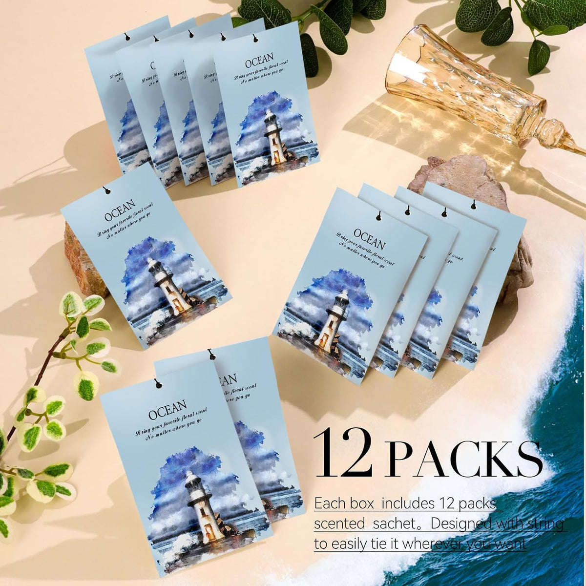 Ocean Breeze Scented Sachet Bags, 12 Pack for Drawers, Closets and Storage
