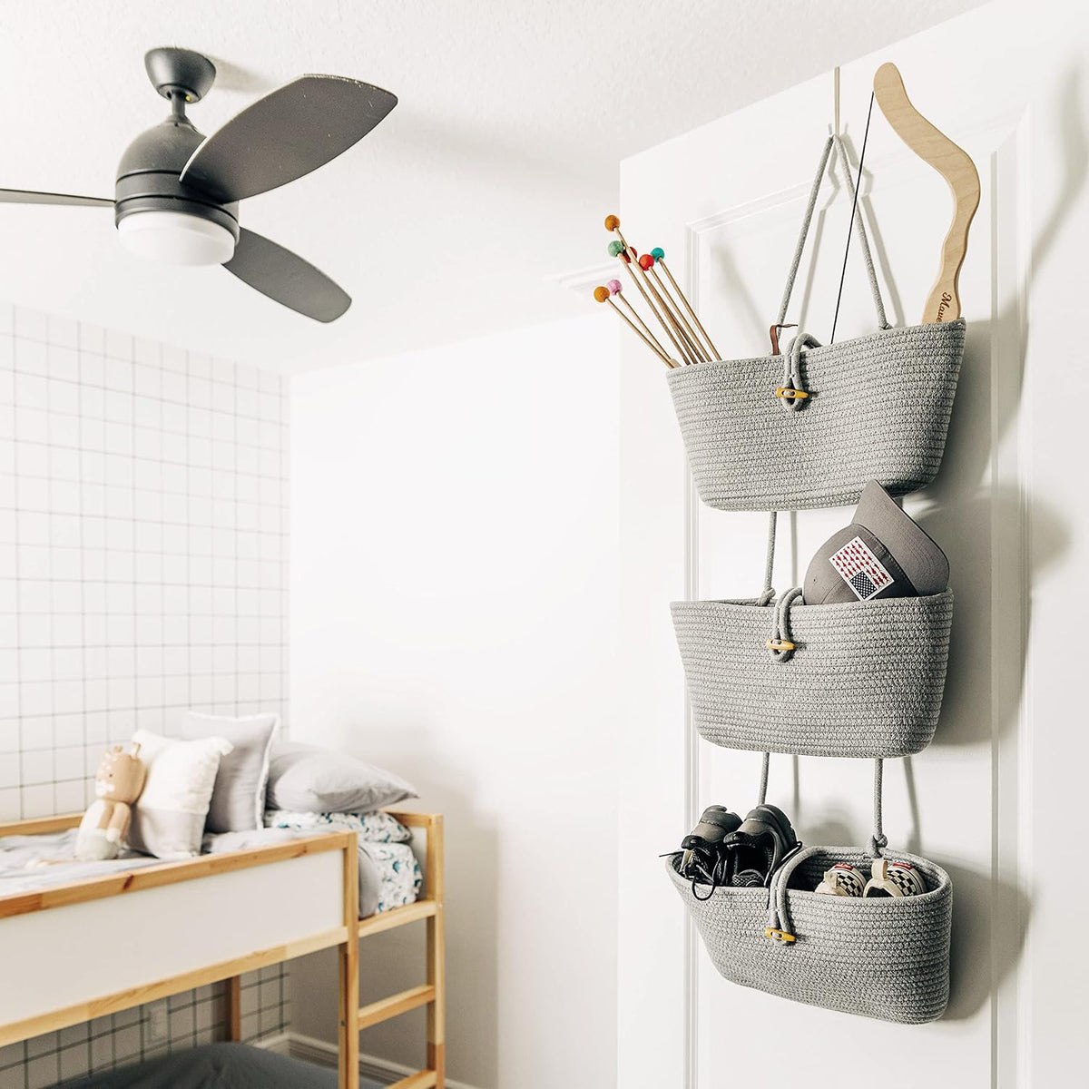 OrganiHaus Over the Door Organizer, Woven Rope Hanging Baskets, 3-Tier
