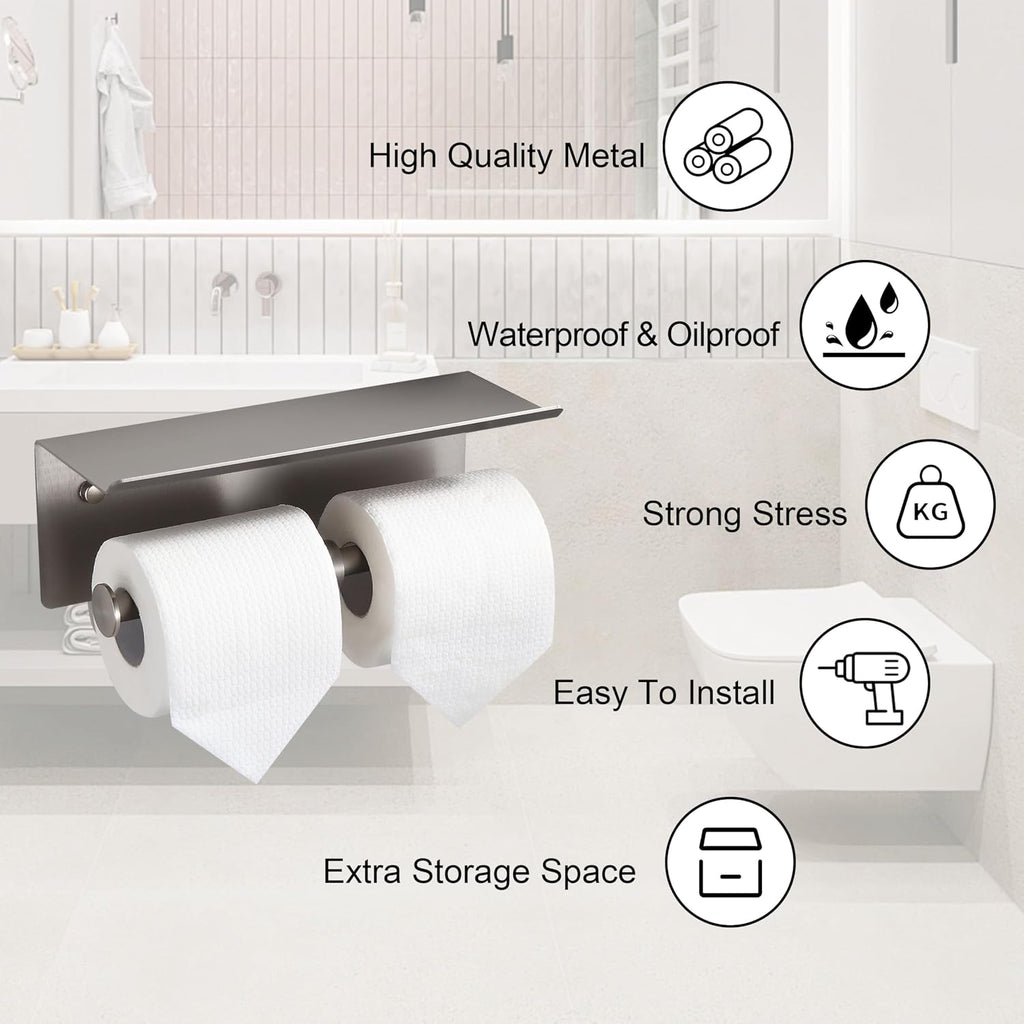 Self Adhesive Aluminum Waterproof Toilet Paper Holder with Shelf Brushed Nickel