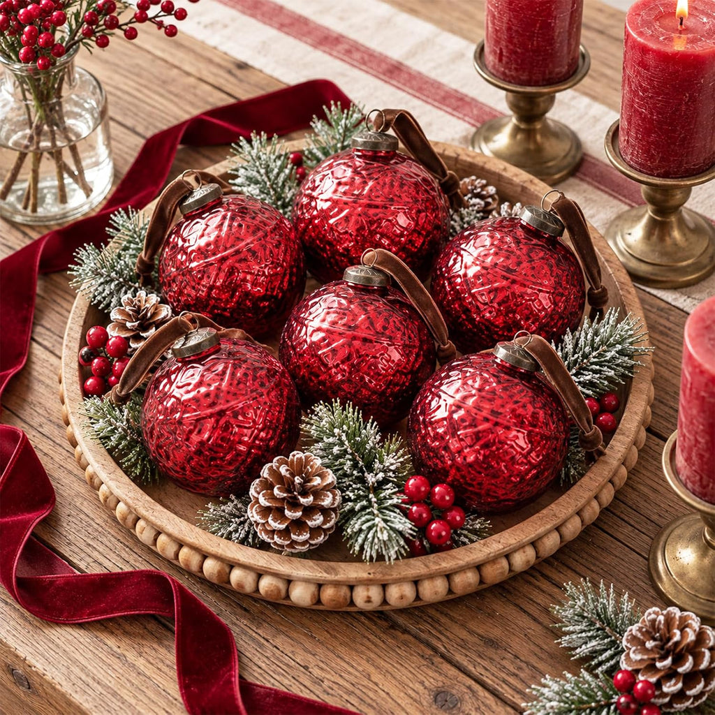 Threan 6 Pcs Vintage Red Mercury Glass Christmas Ornaments, Polka Dot