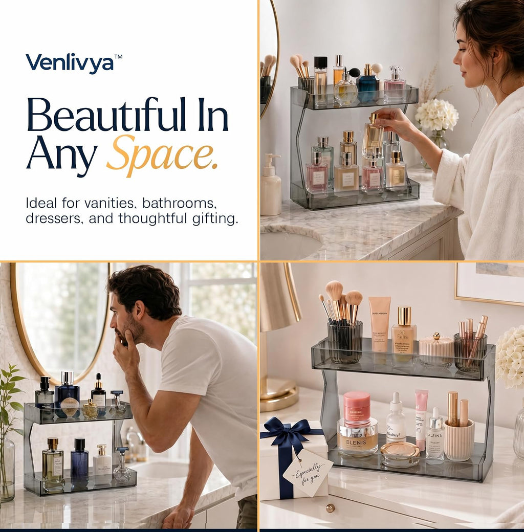 Perfume Organizer for Vanity, Premium Clear Acrylic Makeup Organizer Countertop with Non-Slip Trays, Easy 30-Second Assembly, organizador de maquillaje (Dark Diamond)