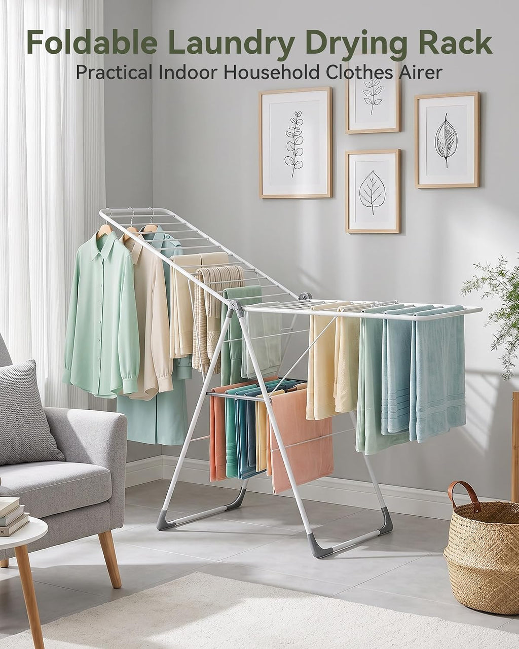 APEXCHASER Foldable Gullwing Clothes Drying Rack, 2‑Tier 28‑Rod Laundry Dryer Rack