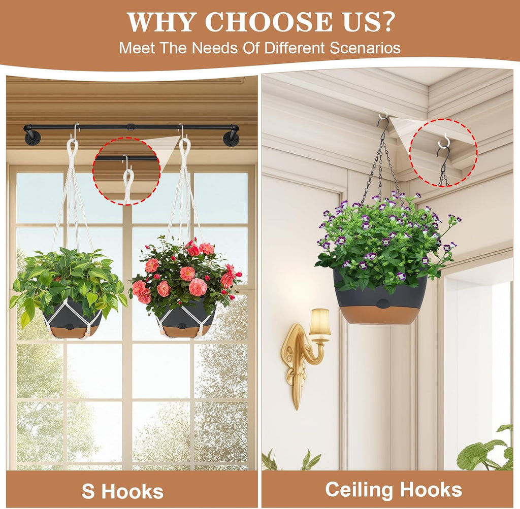 3 Pack Hanging Planters Set, 10inch Self-Watering Hanging Plant Pot, Macrame Plant Hanger with Pot, Chains, S & Ceiling Hooks, Removable Saucer and Drainage Holes for Indoor, Outdoor Plants - Black